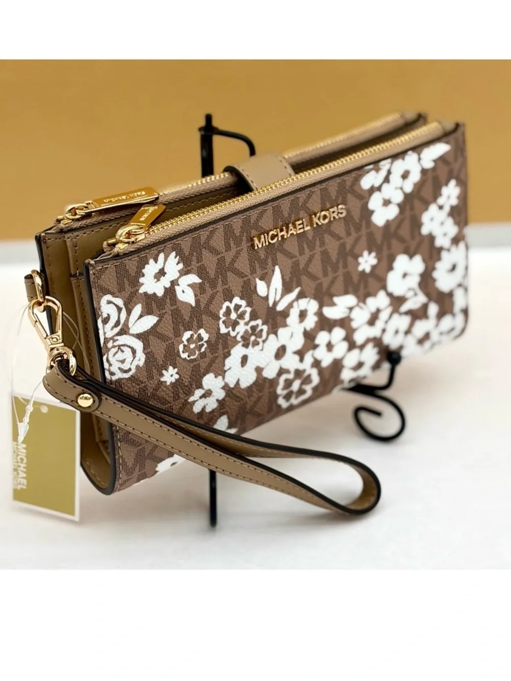 MICHAEL KORS Double Zip Printed Signature Logo Wristlet Wallet